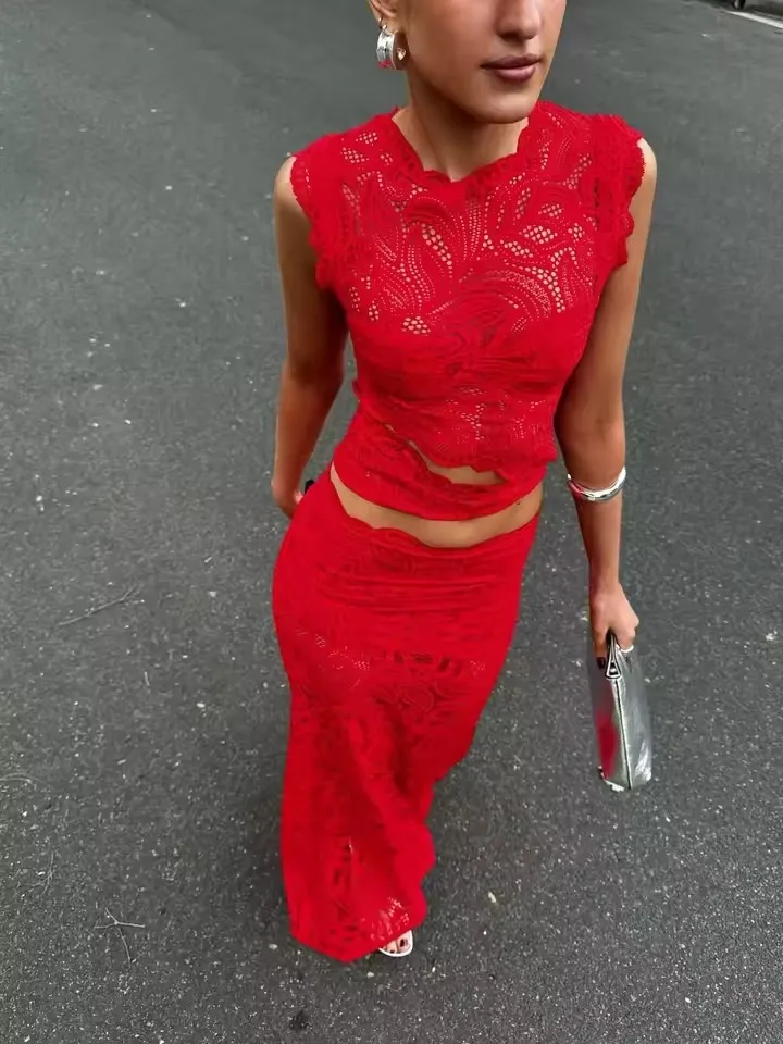 Red Sexy Hook Flower Hollow Lace Set Two Piece Crew Neck Crop Top and Fishtail Skirt Woman Outfit Spring Summer Slim Ladies Suit image 5