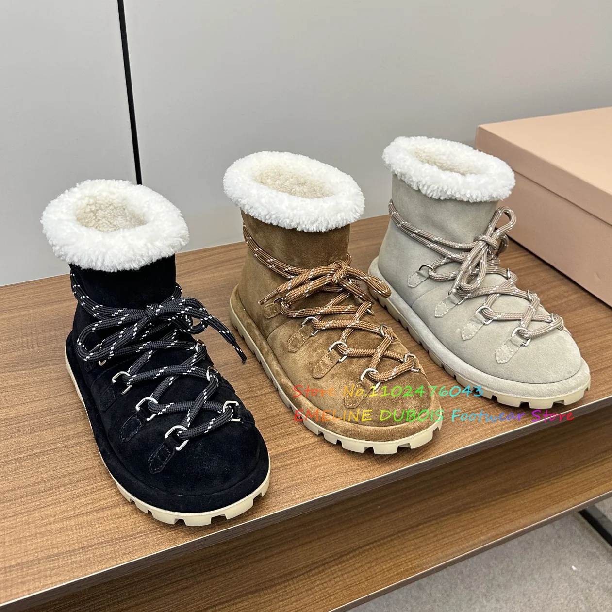 New Wool Snow Boots Women Round Toe Nubuck Leather Lace Up Winter Warm Ankle Boot Designer Brand Non-Slip Flat Casual Boot