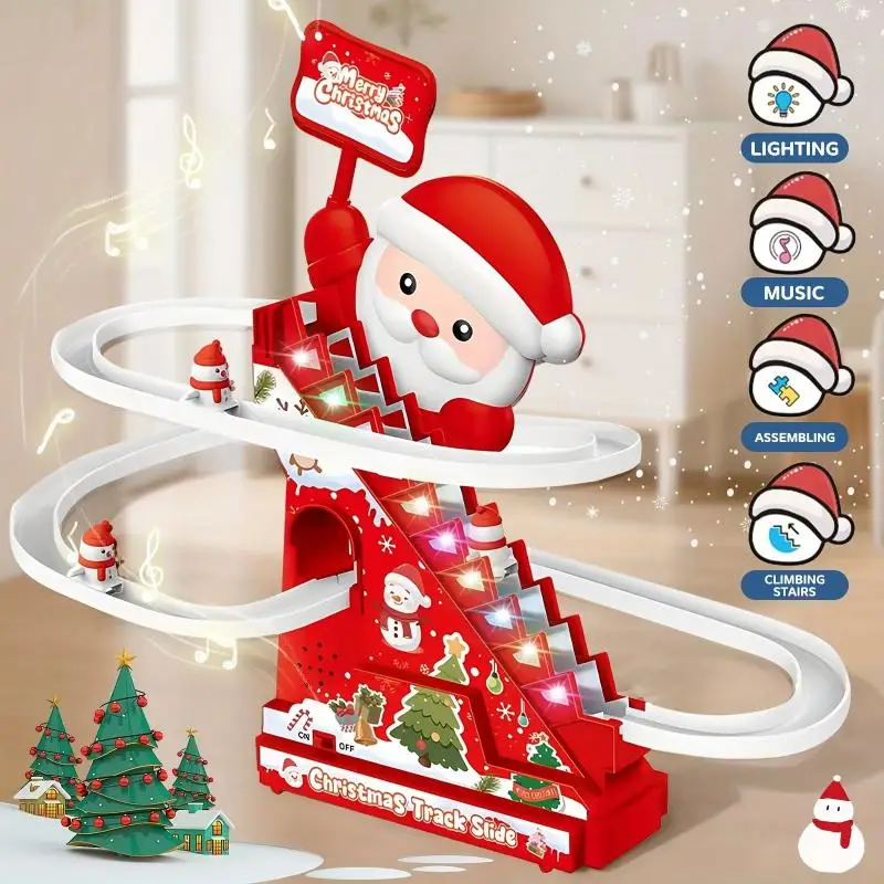 Electric Santa Climbing Stairs Toy Set with LED Lights Slide Rail Snowman for Indoor Christmas Party Decoration