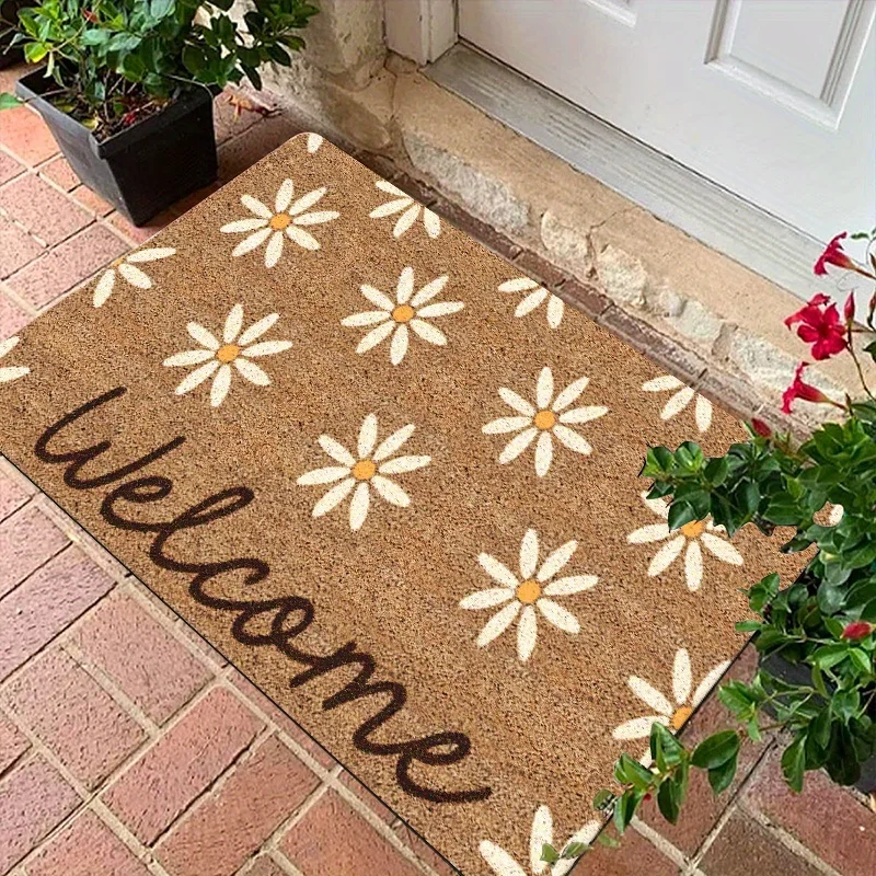 1pc Daisy Welcome Mat, Made of Gold Diamond Plush Material, Machine Washable, Suitable for Front Door, Porch -Floral Pattern Mat