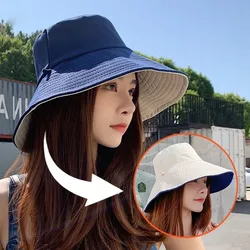 Summer Double-sided Bucket Hats Fashion Big Brim Foldable Solid Sun Hat Women Outdoor Beach Visor Caps Fisherman Cap for Travel