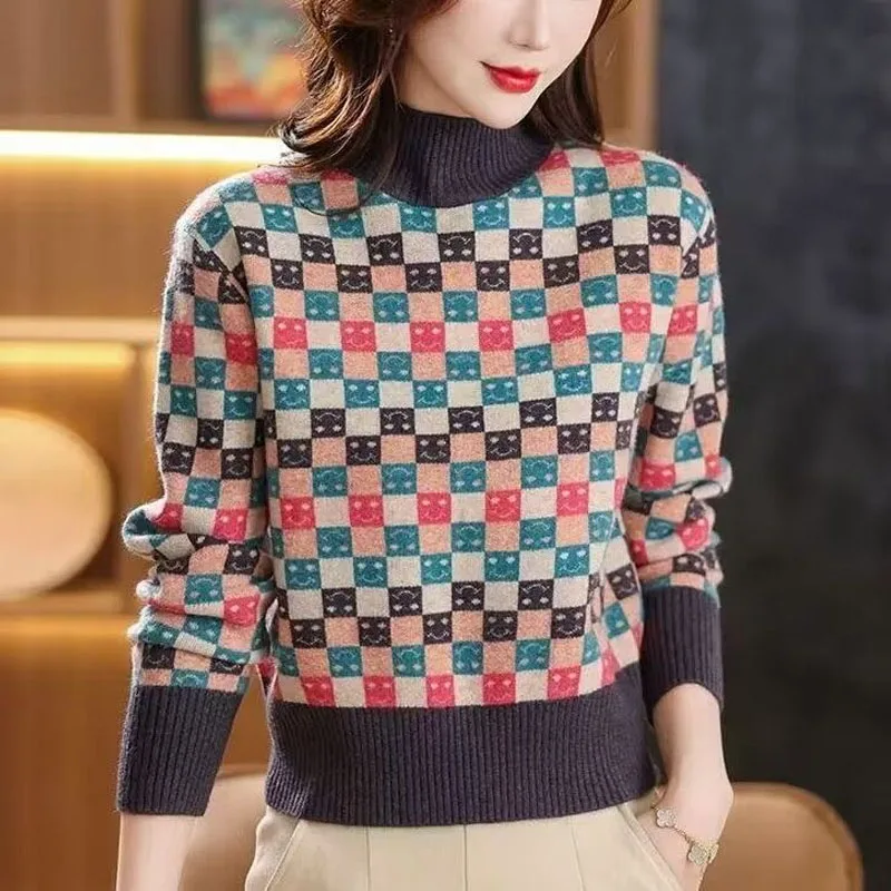 

New Autumn/Winter Fashion Color Block Checker Half High Neck Loose and Versatile Western Commuter Middle Aged Mom's Sweater