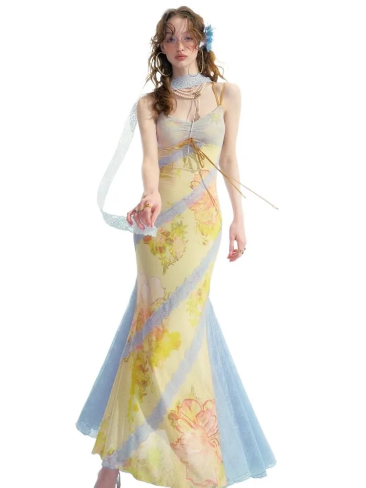 Romantic printed halter dress with lace and floral patterns