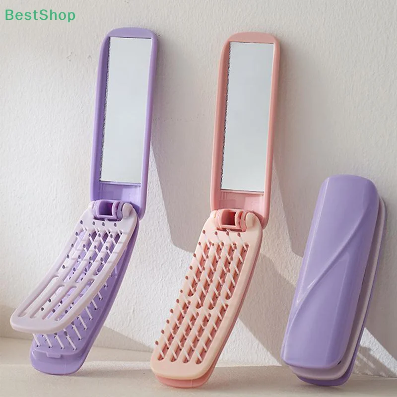 مشط 2 في 1 قابل للطي مع مرآة لتدليك فروة الرأس ومضاد للكهرباء الساكنة أثناء السفر ومشط تصفيف وسادة هوائية مناسب لجميع أنواع الشعر