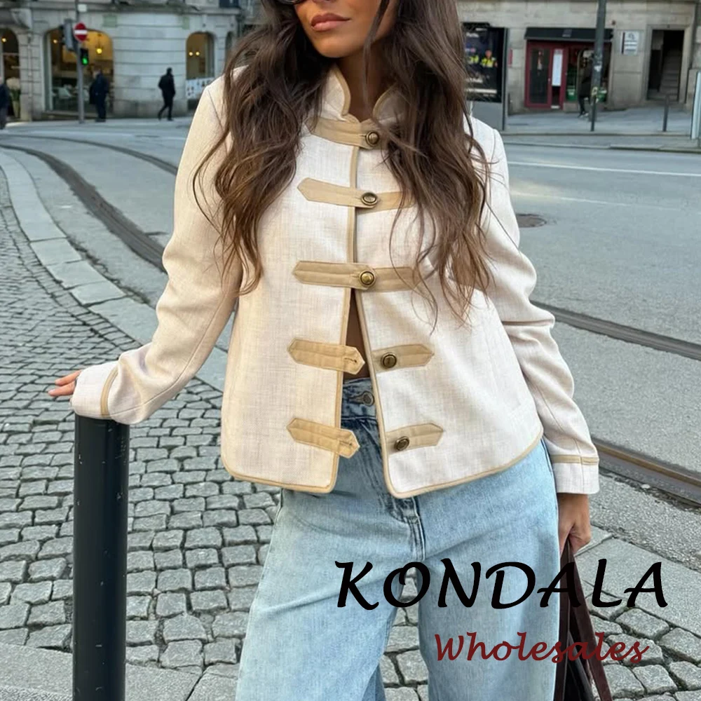 

KONDALA Vintage Khaki Elegant Woman Blazer Fashion 2026 Spring Office Lady Chic Frog Fastener Modern Streetwear Short Jackets