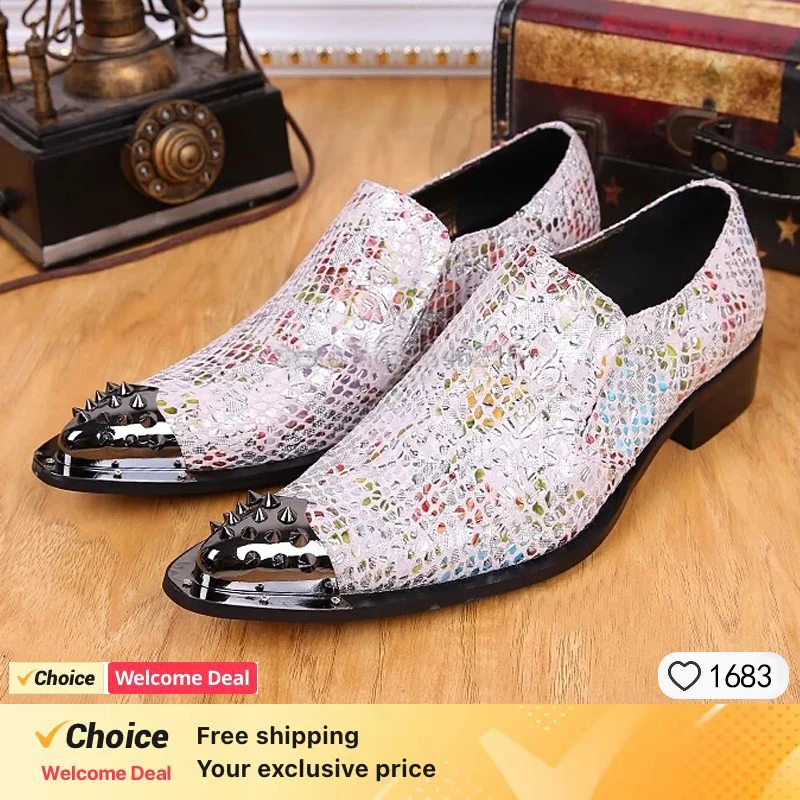 

new arrival white genuine leather pointed toe metal tip crystal handmade men leather dress shoes fashion hairdresser shoes