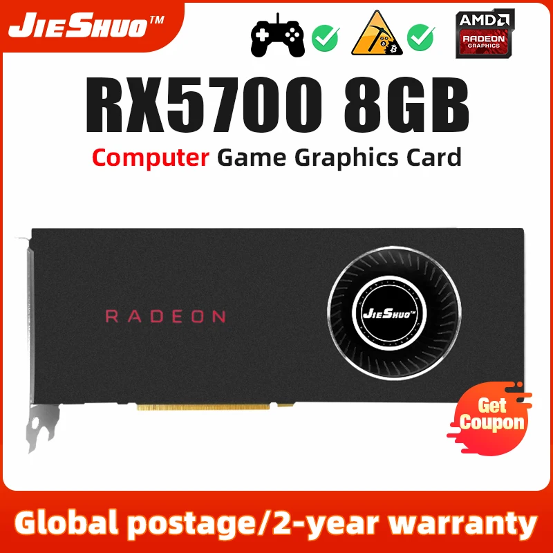 بطاقة الرسومات JIESHUO RX5700 سعة 8 جيجابايت وحدة معالجة الرسوميات GDDR6 بطاقة فيديو سعة 256 بت 7nm تدعم وحدة معالجة مركزية سطح المكتب بطاقة فيديو rx 5700