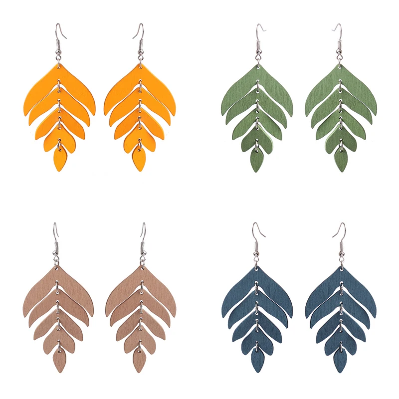 Ethnic Vintage Long Wooden Leaf Dangle Earrings for Women Boho Colorful Splicing Statement Hook Earrings Pendientes Mujer Gift