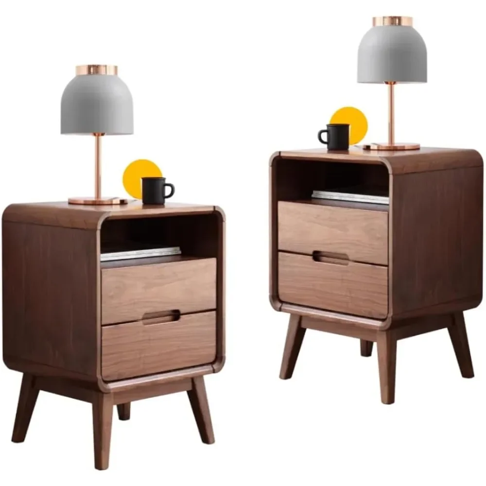 

100% Solid Wood Nightstand, Walnut Nightstand with Drawers and Open Storage Shelf, Vintage Nightstands, Mid Century Modern