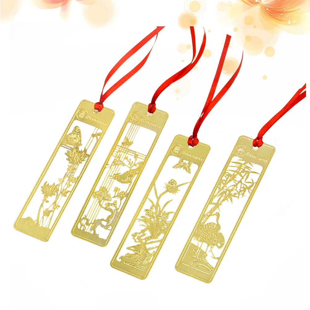 

4 Pcs Metal Bookmark Hollow Clips Chinese Style Vintage Page Marker Plant Bookmarks Paper Holder Student Supplies