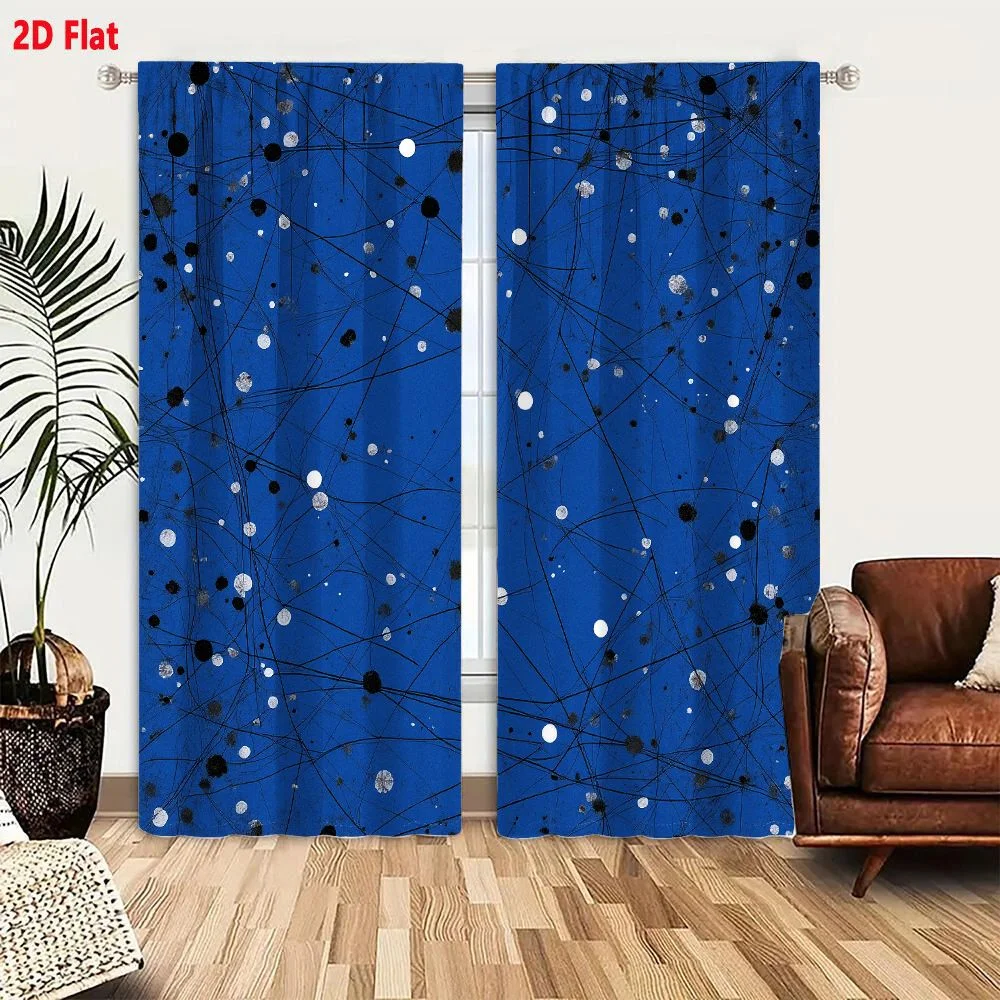 2Pcs Curtains 2D Flat Abstract Composition With Deep Blue Background And Crisscrossing Black Lines Featuring Scattered Dots And