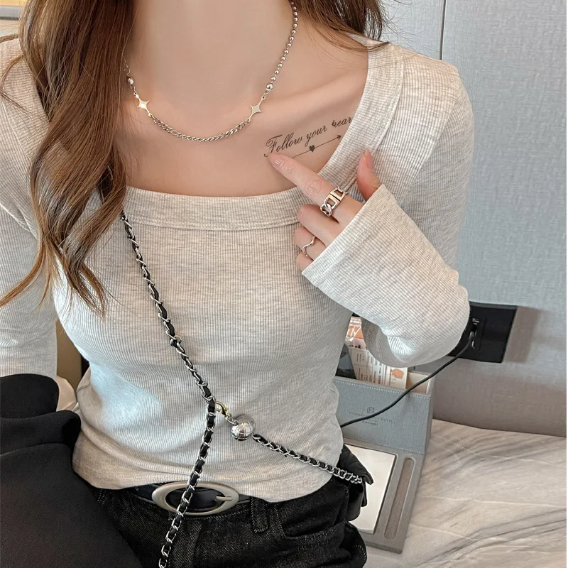 Women's Slim Fit Long Sleeve Modal Base Shirt Spring Autumn Winter Outerwear Square Collar High Waist Skirt Pants