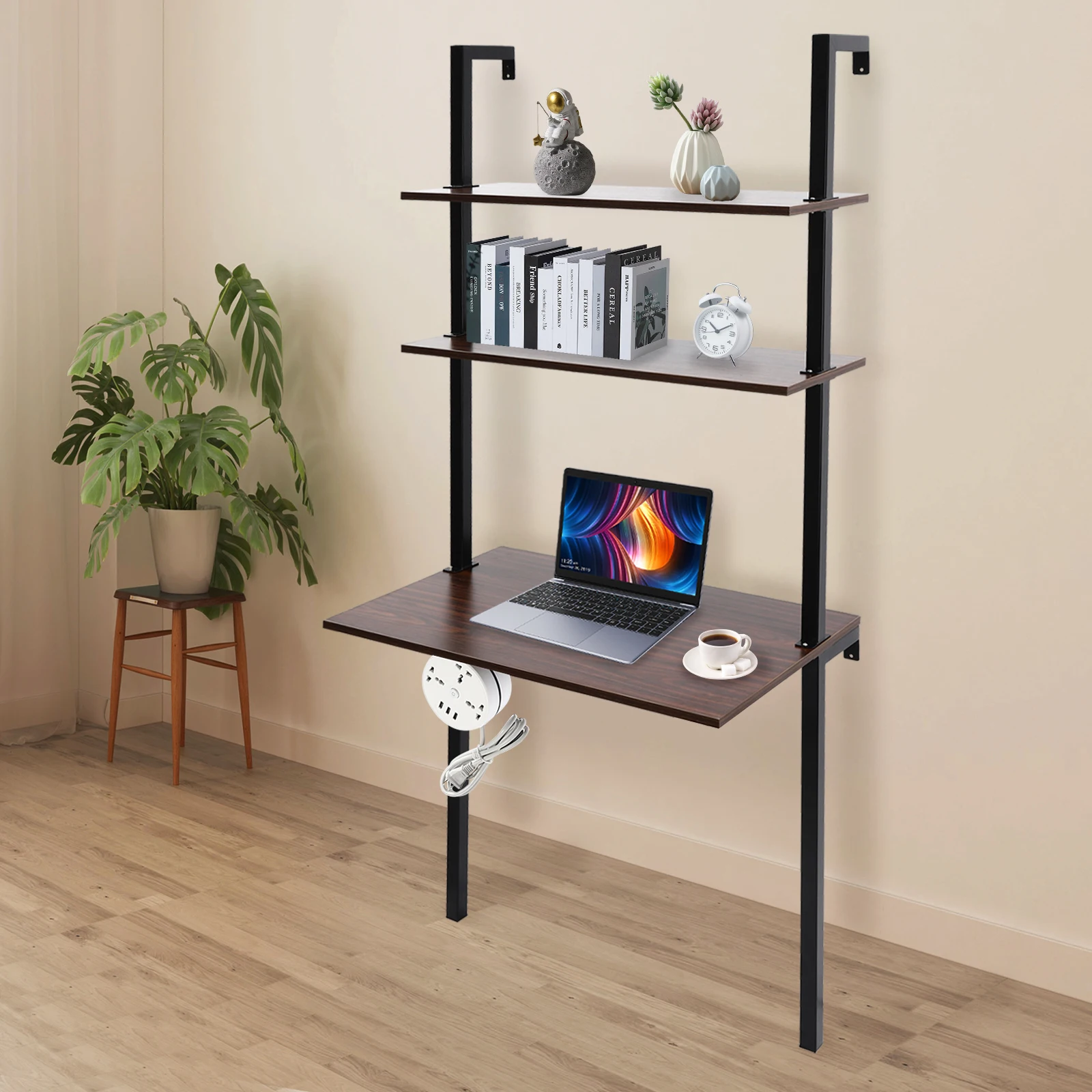 

Wall Mount Desk 3 Tiers Computer Writing Table Laptop Industrial Bookcase Floating Pipe Ladder with Shelf for Home Office School