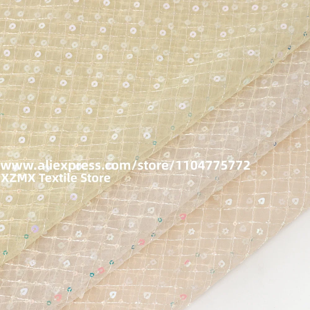 Sheer Grid Mesh Fabric With Tiny Iridescent Sequins, Soft Tulle For Bridal Gown, Birthday Dress & Decoration