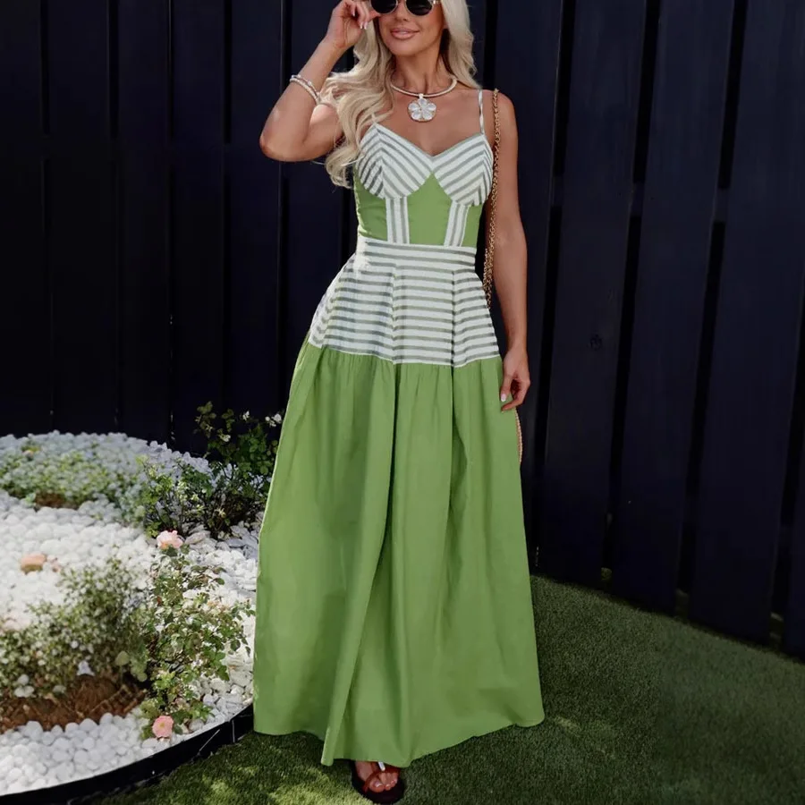 

Summer New Stripe Spaghetti Strap dresses Women Fashion Sexy V-neck Backless A-line Long Dress Beach Vacation Style Vestidos