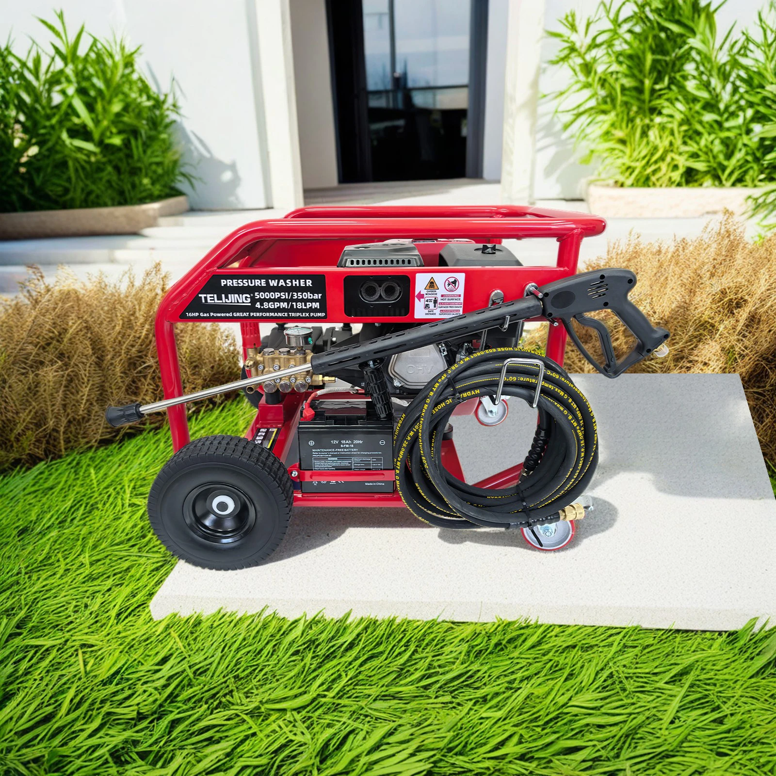 Mute-Wheeled Cordless 5000PSI/350bar Petrol High Pressure Cleaner 15m Hose Debris Cleaning