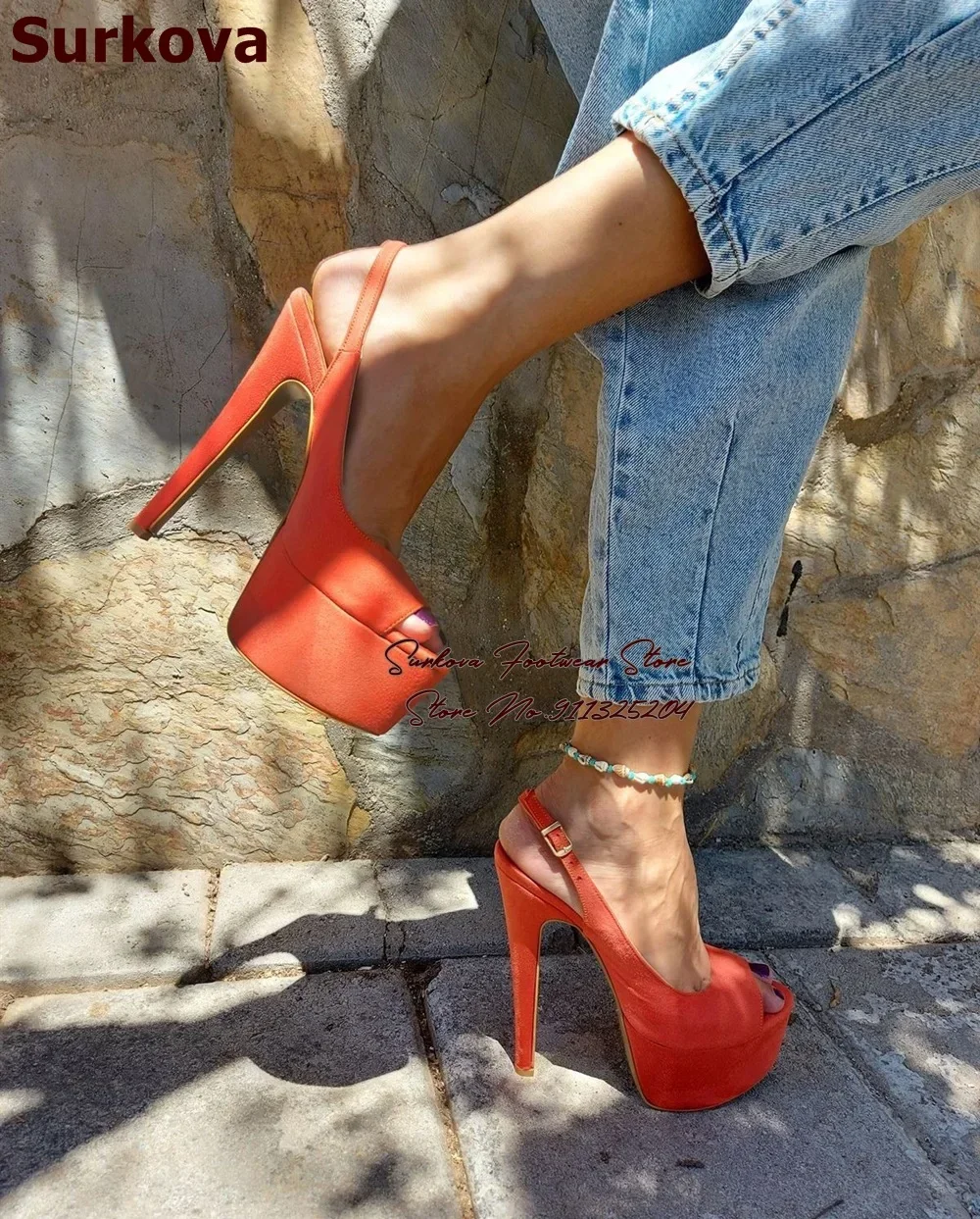 

Surkova Orange Suede Thin High Heel Platform Sandals Slingback Open Toe Elegant Wedding Pumps Buckle Strap Banquet Shoes Size46