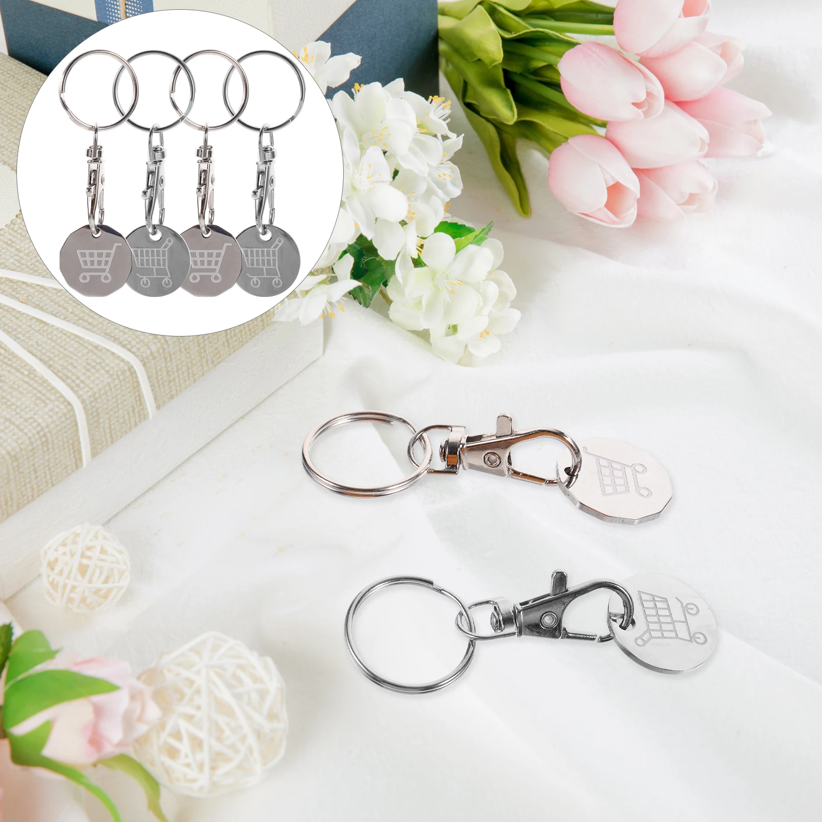 

4pcs Shopping Keychain Stainless Steel Trolley Token Supermarket Metal Key Ring Classic Classic Style Supermarket Keychain Style