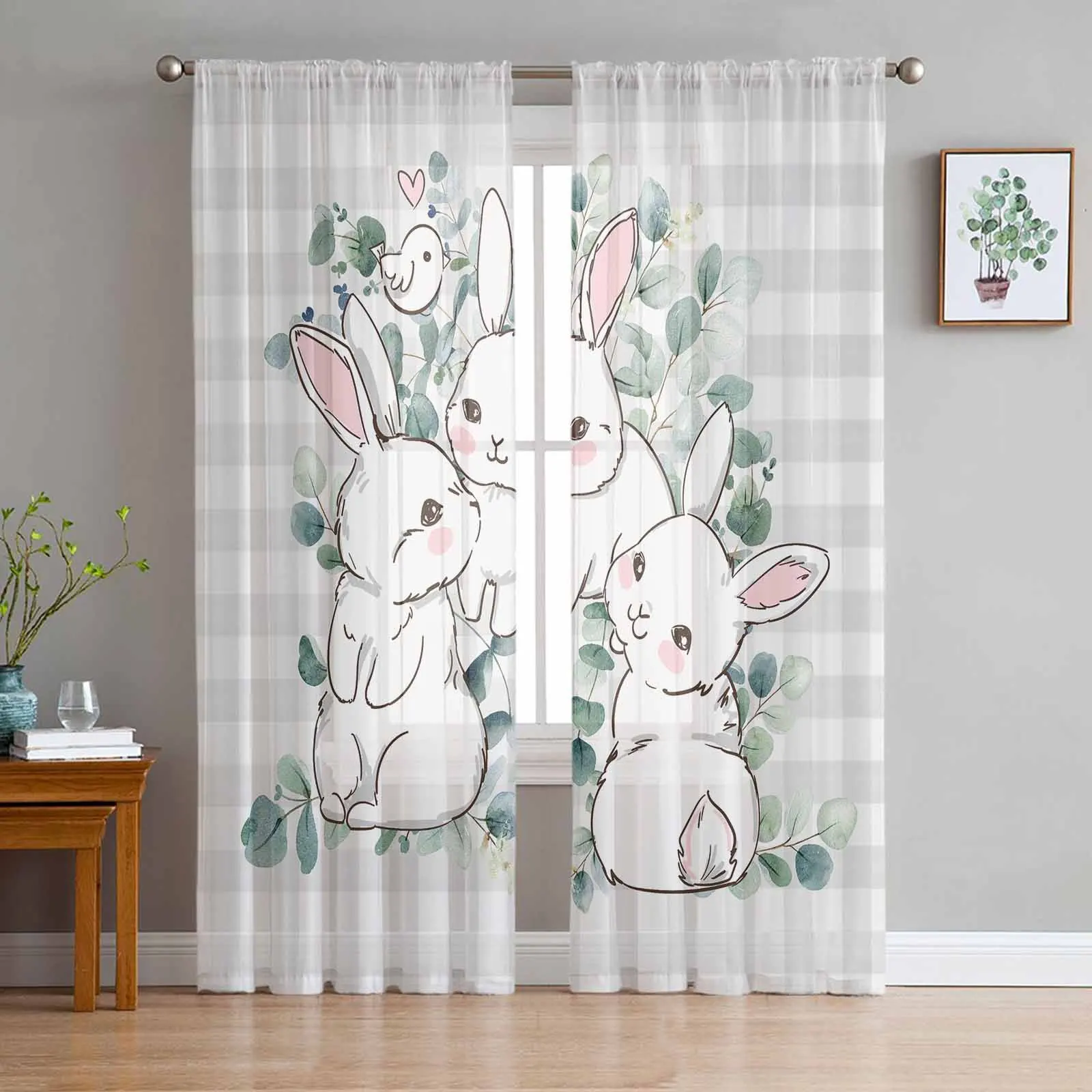 Easter Eucalyptus Leaves Rabbit Plaid Tulle Curtains for Living Room Sheer Curtain for Bedroom Kitchen Blinds Voile Curtains