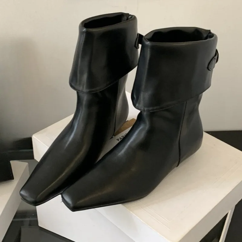

Fashion Leather Ankle Boots Women Low Heel Square Toe Chelsea Boots Belt Buckle Turned Over Edge Short Boots Women Botas Mujer