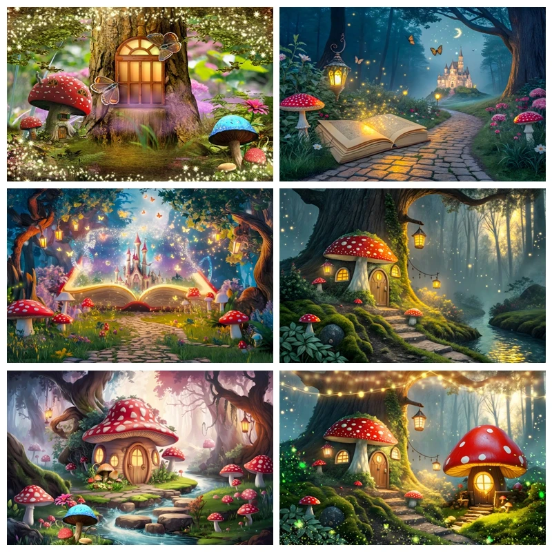 Fairy Tale Mushroom Forest Photography Backdrop Spring Magic Forest Book Cabin Baby Birthday Portrait Background Photo Studio