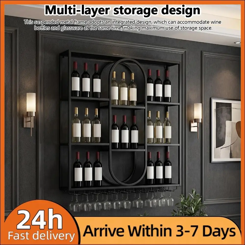 

47in 3 Tier Liquor Bottle Display Storage Shelf with Glass Holder Hanging Liquor Shelf Wall Mounted for Kitchen Living Room Home