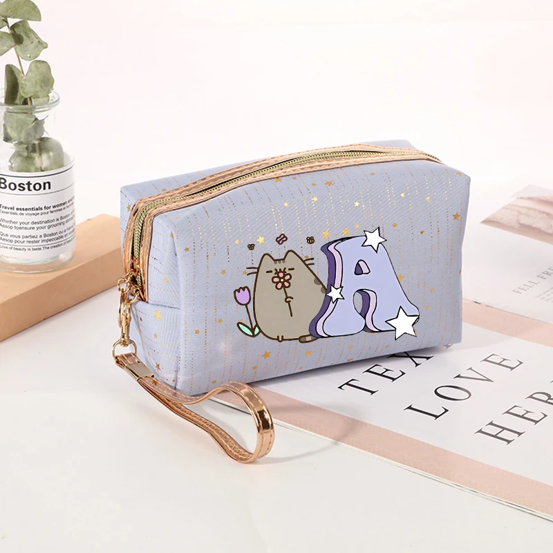 

Cute Pusheens Women's Cosmetic Bag Kid Girl Meteor Stamping Letters Kawaii Print Female Zipper Makeup Case Portable Toiletry Bag