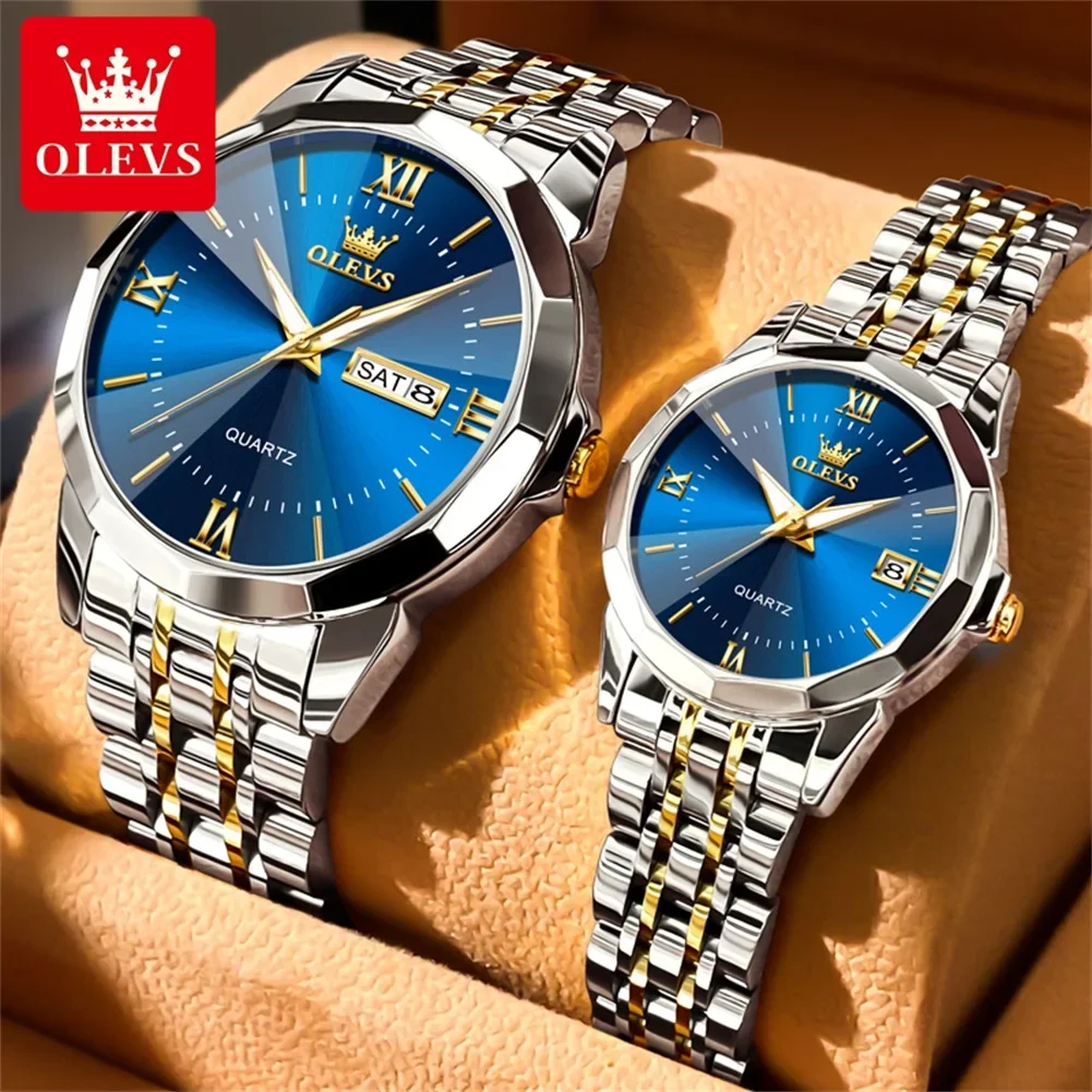 OLEVS-Reloj de pareja para hombre y mujer, accesorio de marca de lujo, resistente al agua, con espejo de rombos, para amantes, romántico, Semana de citas, 9989