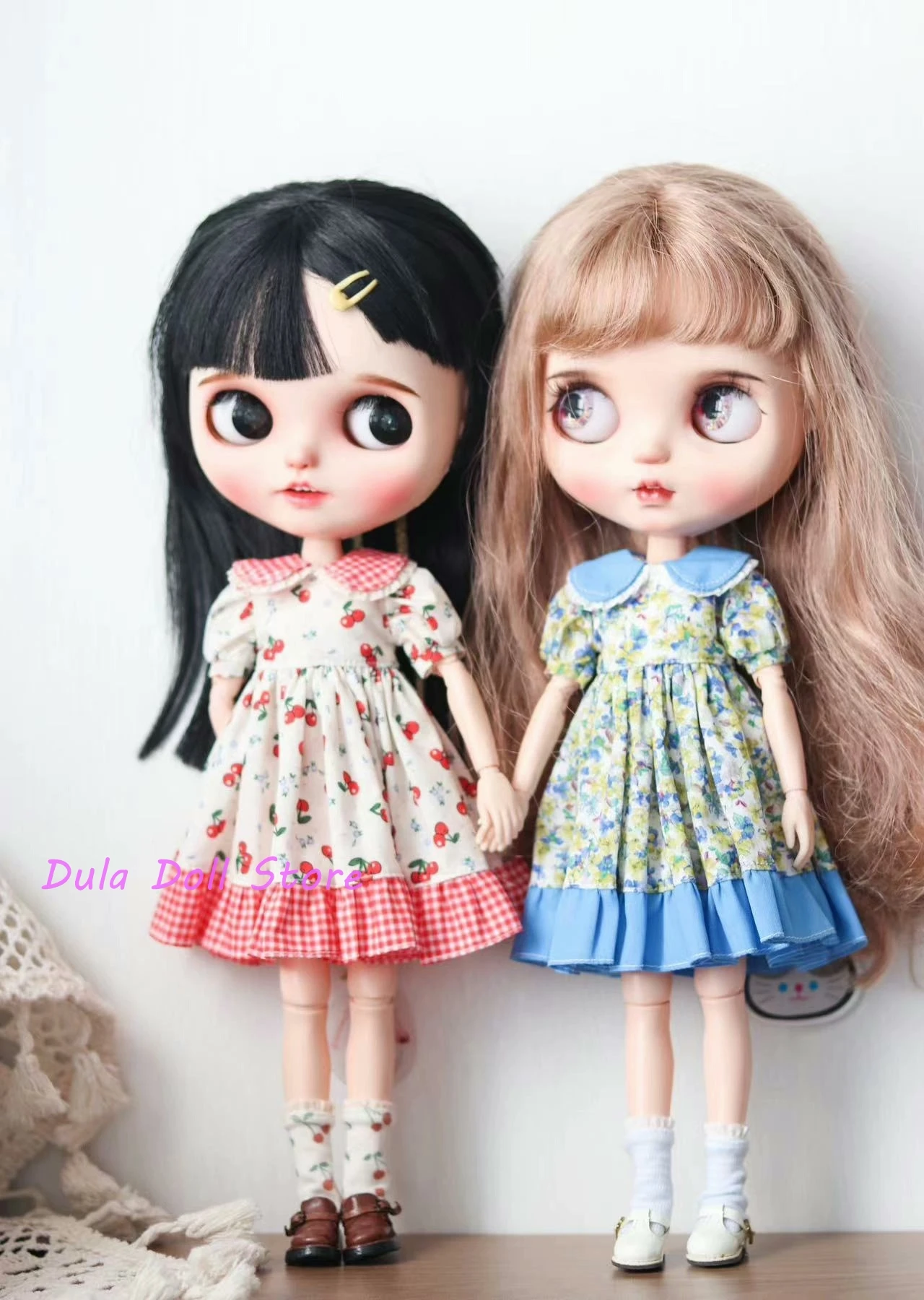 Dula Doll Clothes Dress Blue floral fragments red cherries skirt Blythe Qbaby ob24 ob22 ob11 Azone Licca ICY JerryB 1/6 Bjd Doll