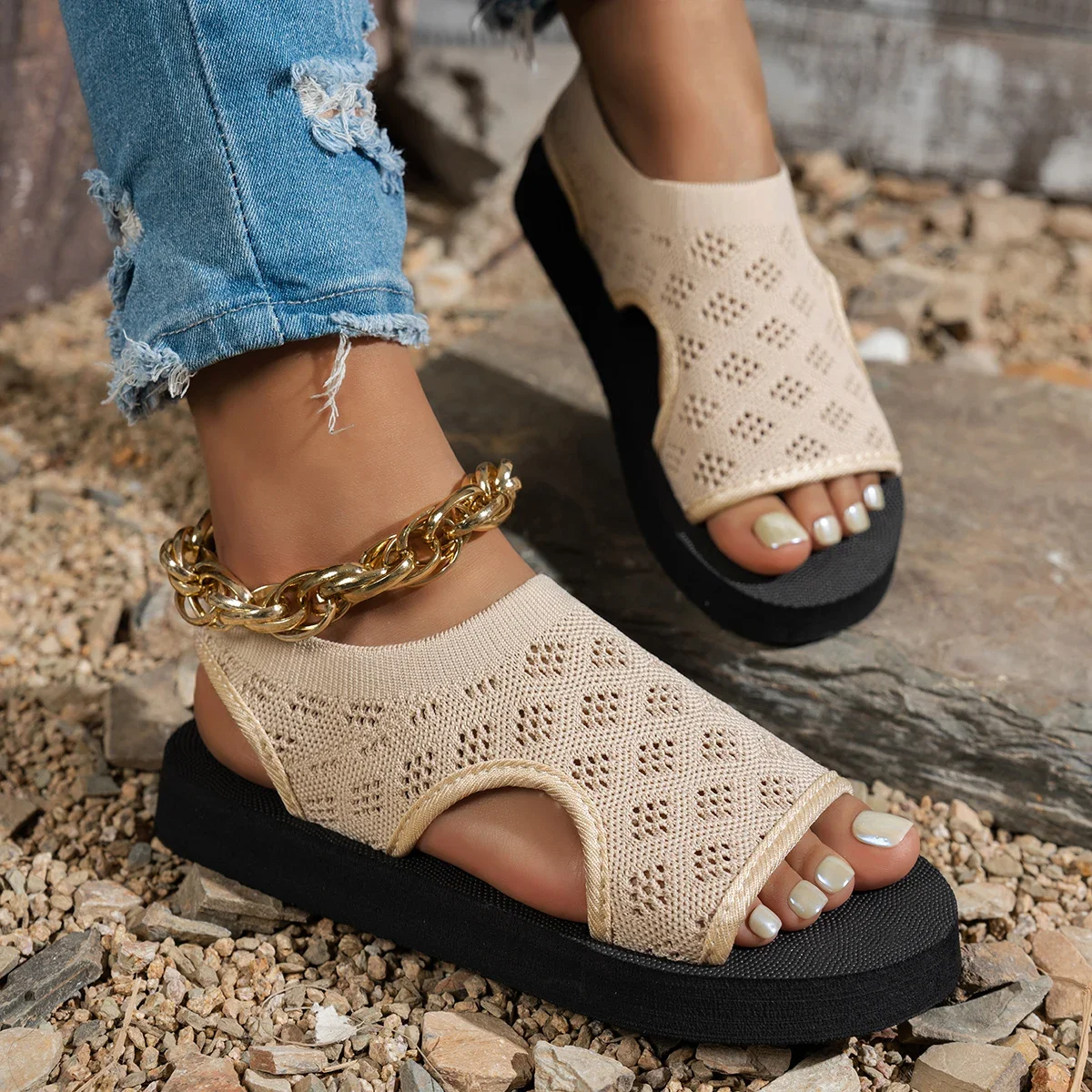 Women Sandals Open Toe Wedge Sandals Ladies Summer Mesh Fish Platform Sandals Women Outdoor Lightweight Casual Shoes Women