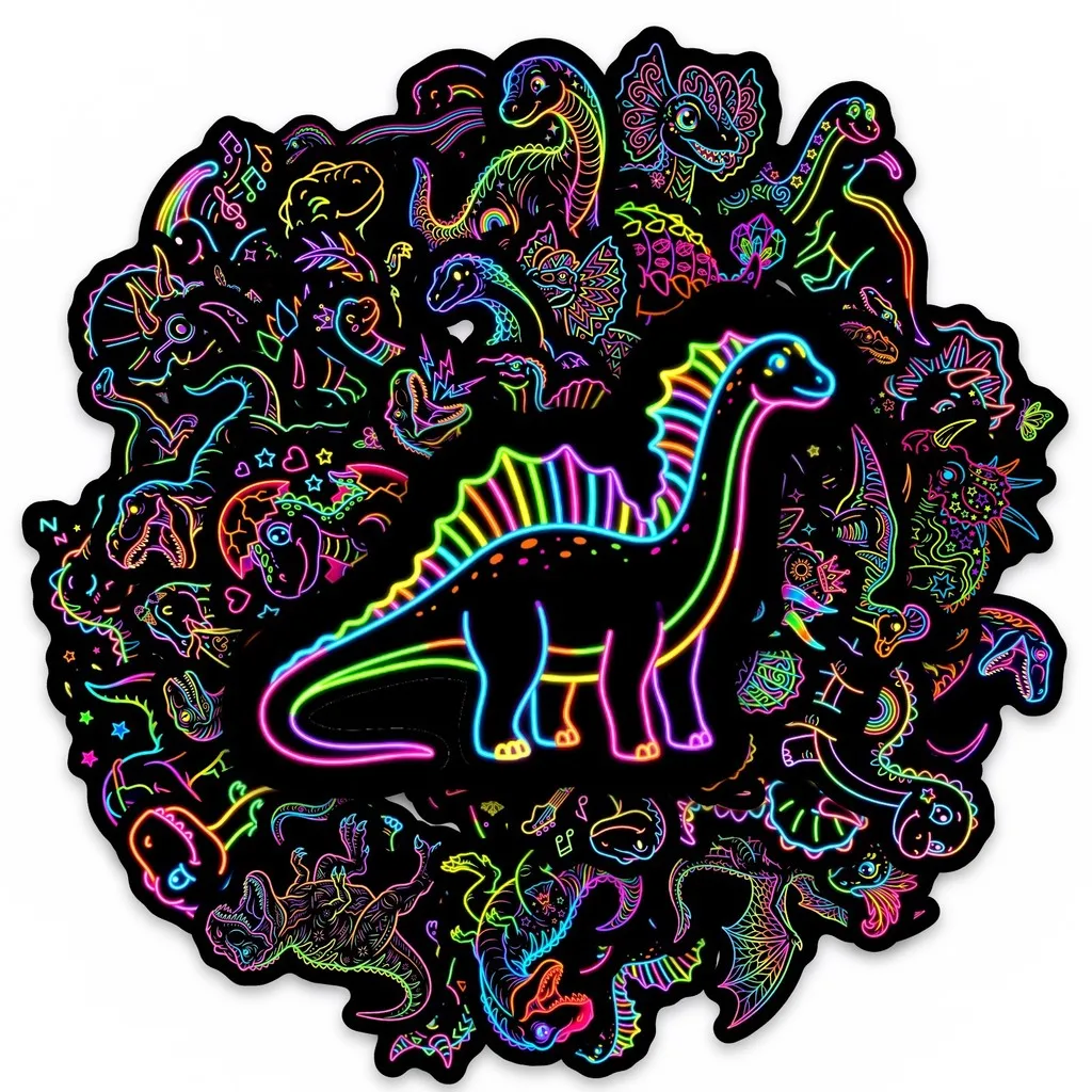 50Pcs Super Cool Neon Dinosaur Stickers, Glowing Effect Black Background Decals for Journaling, Luggage and DIY Aesthetic