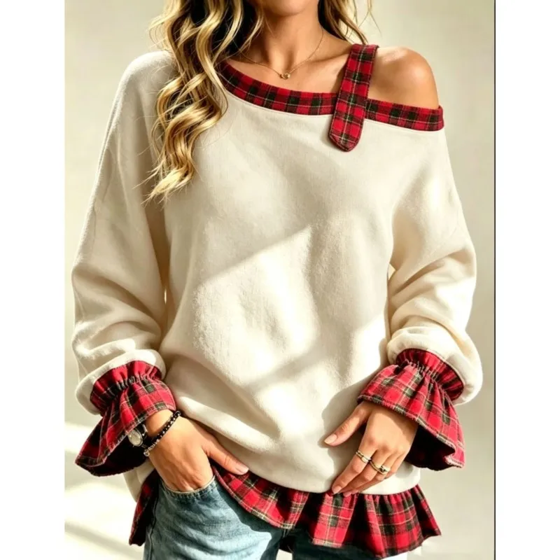 Women's Color Blocked Checkered Printed Top Spring Autumn Sexy Off Shoulder Loose Ruffle Edge Pullover Ladies Fashion Clothing