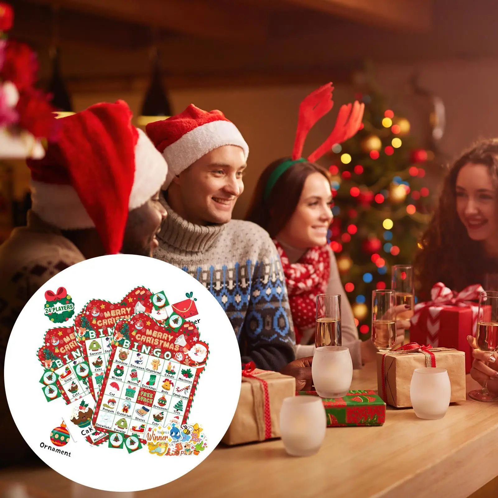 Christmas Bingo Game 24 Cards Set for Holiday Parties, Classroom Activities, Travel Fun | Kids Interactive Christmas Party Games