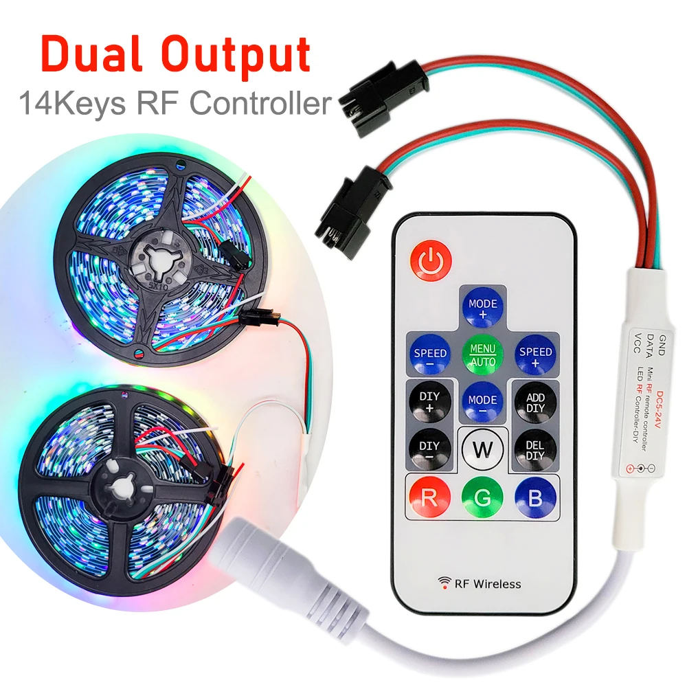 MINI DC 14Keys RF Controller Dual Output With Remote Control 2048 Pixels 358 Modes For WS2812B WS2811 LED Strip Light DC5-24V