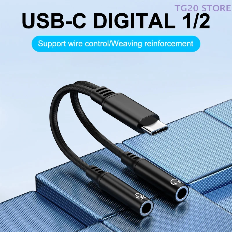 1 Pcs 2in1 Type C To Dual 3.5mm Audio Adapter USB C Converter DAC Voice Microphone Headphone Connector Cable For Phone15 16