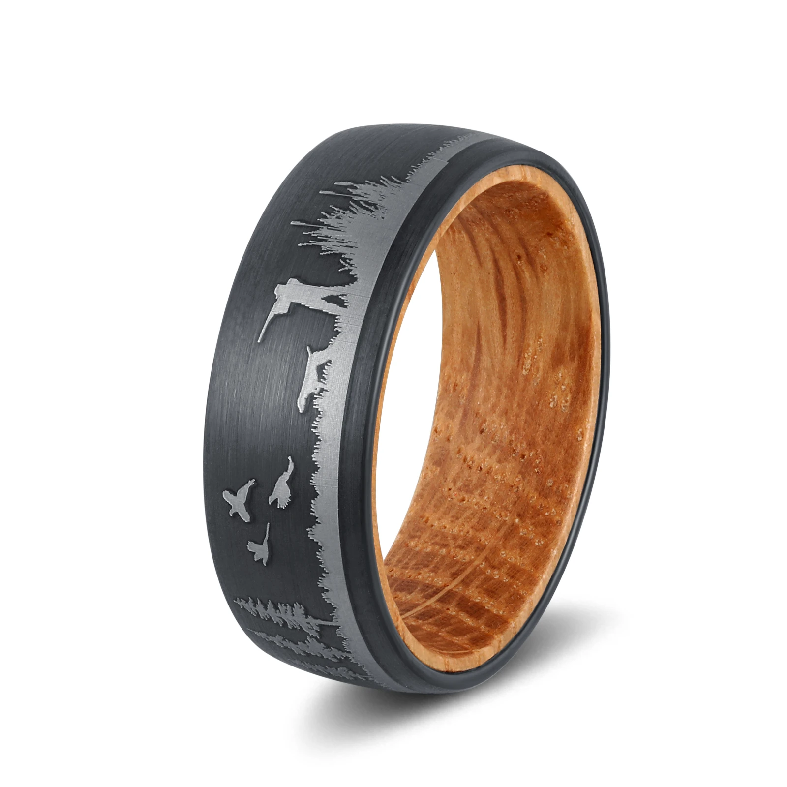 8mm Width Men Knight Tungsten Carbide Ring Mens Hunting Animal Lasered Brushed Finishing with Natural Wood Inside Size 7-12