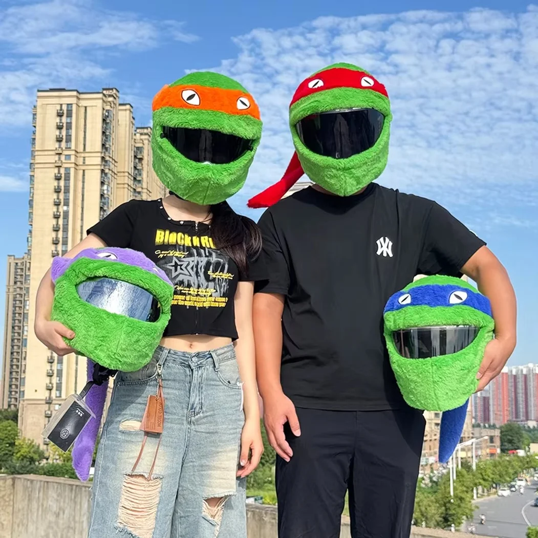Green Cartoon Plush Animal Motorcycle Full Helmet Cover Funny Scratch Resistant Soft Ninja-Turtle Style Casco Funda