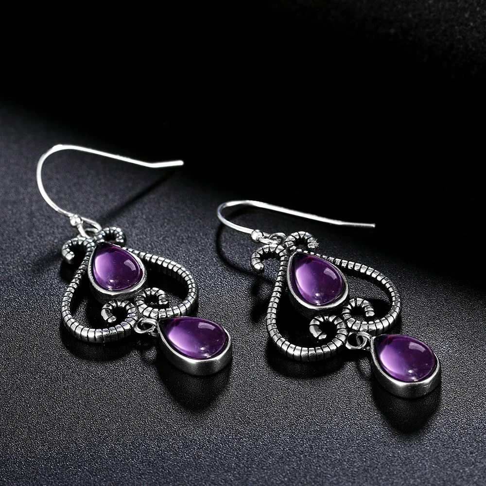 Jewelry S925 Sterling Silver Earrings Fashion Ethnic Pear Shape 6X9MM Natural Amethyst Earrings Wedding Party Wholesale