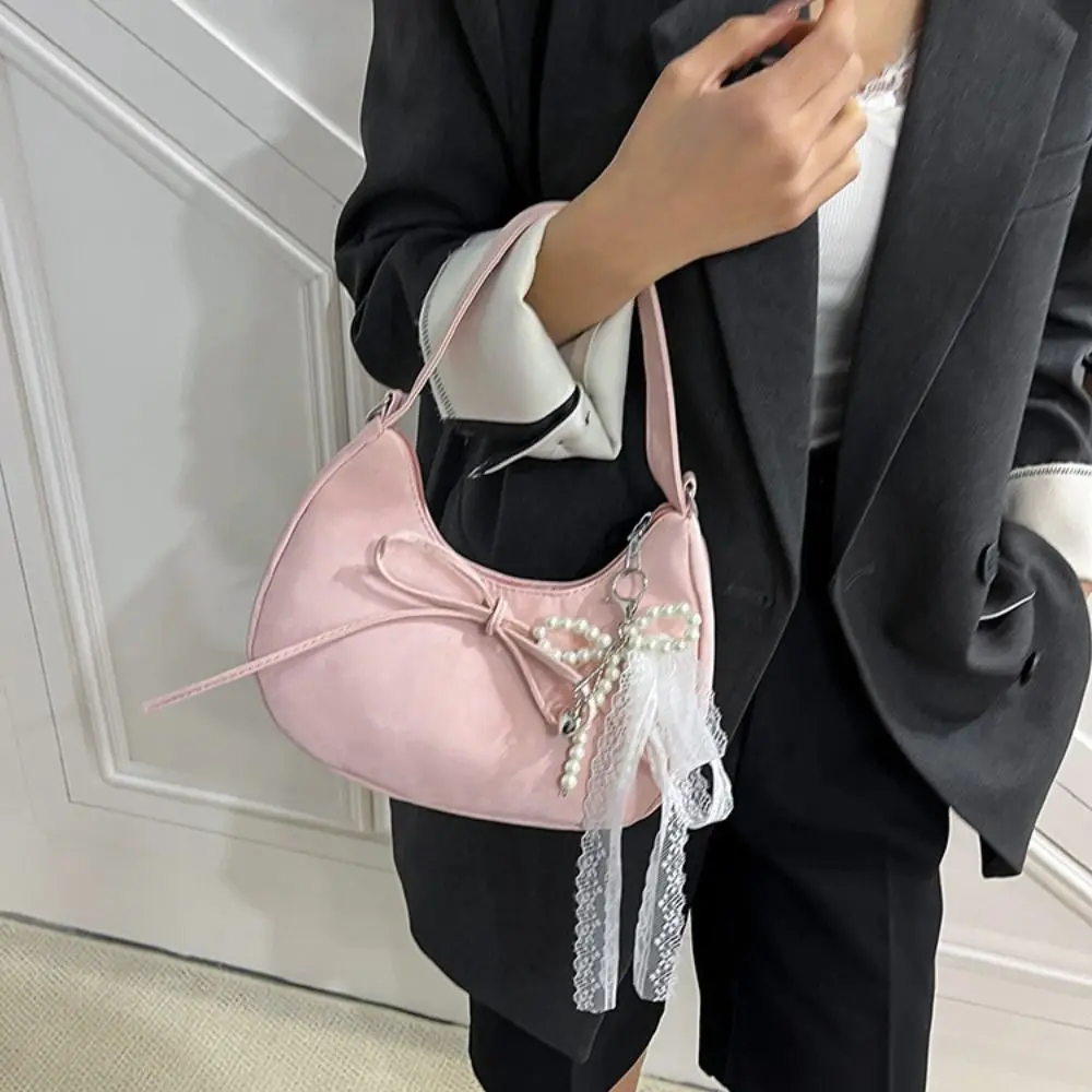 Large Capacity Bow Shoulder Bag Lace Pearl Pendant Solid Color PU Hobo Bag Korean Style Handbag French Style Handbag Shopping