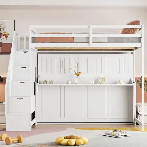 Full Over Full Murphy Bed w/ Hydraulic Lift & Desk Design, White Finish - Space-Saving Solution for Home Office or Guest Room