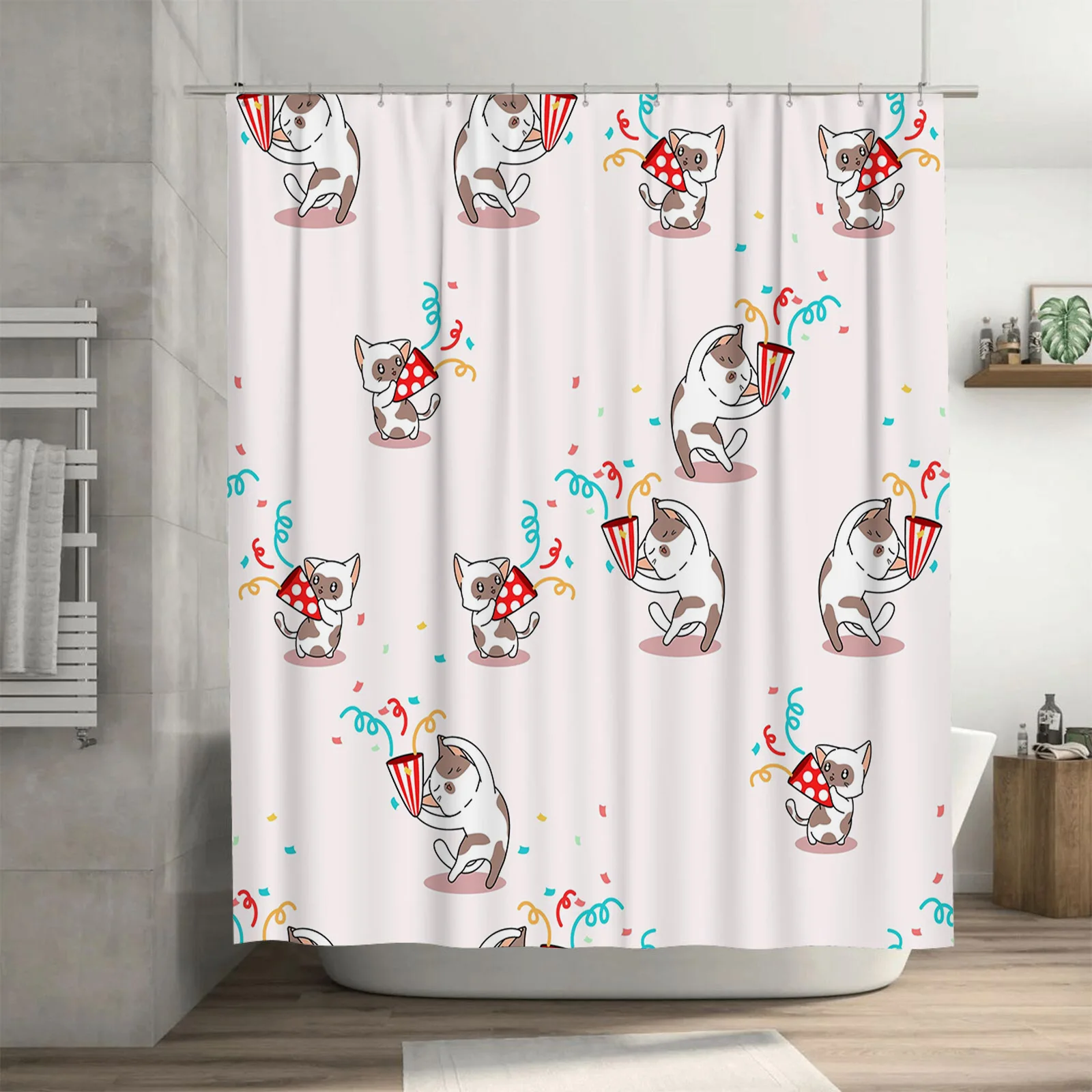 Party Cats Shower Curtain Cute Cartoon Print for Kids Bathroom Decor – Multicolor Blue White Orange Red Purple would be a suitab