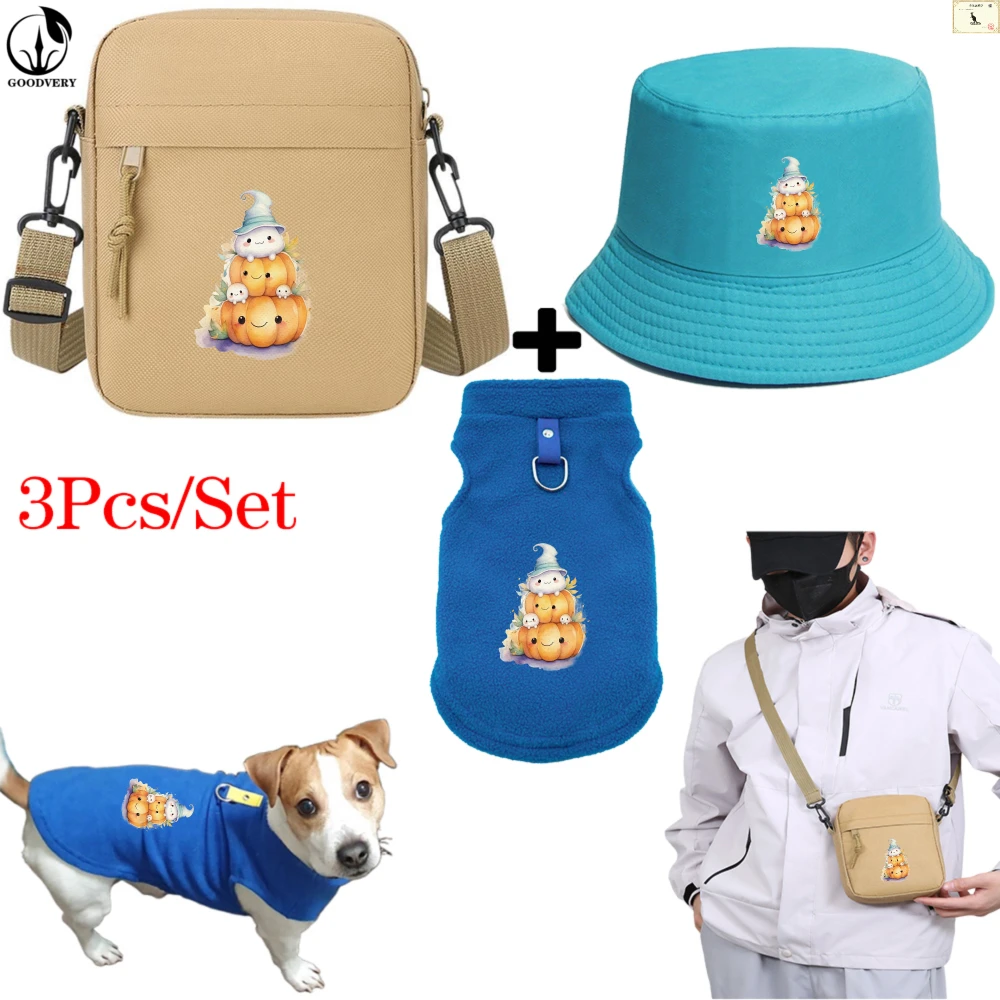 

3Pcs/Set pumpkin Pattern Print Bag Hat, Pet Clothing Combination Three Piece Set Equipment Suitable for Outdoor Travel with Pets