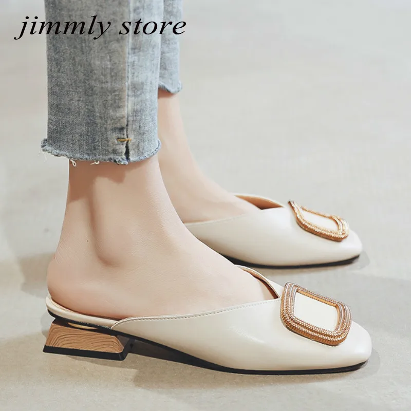 Designer Women Pumps Slippers Slip on Mules Low Heel Casual Shoes British Wooden Block Heels Summer Pumps Footwear