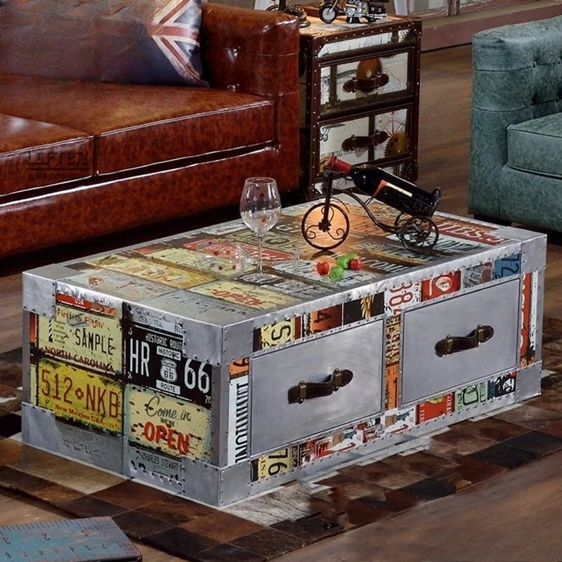 

Personalized aluminum leather rivet coffee table bar club coffee shop retro old license plate pattern box double coffee table