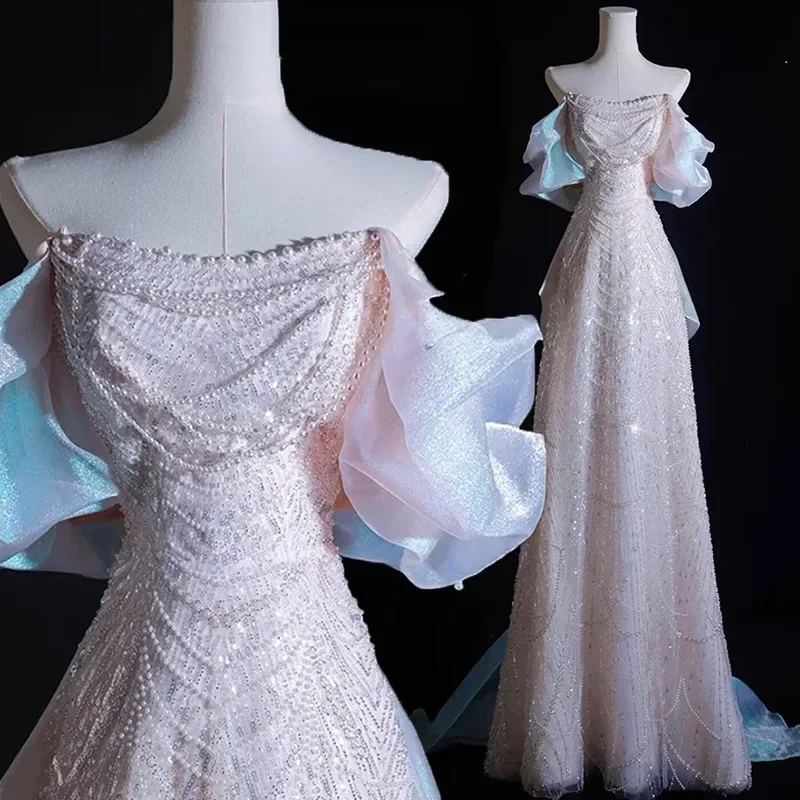 Customized Fairy Slash Neck Sequin Evening Party Dresses Heavy Luxury Shinny Beading Design Princesses Vestidos Personality Bow