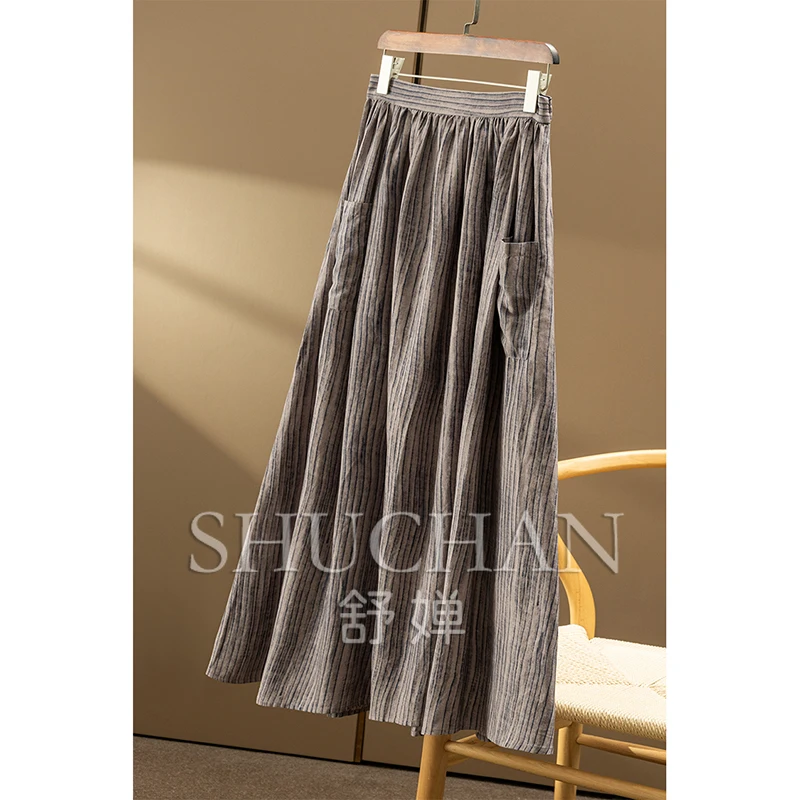 luxury silk linen digital double-sided striped printed skirt women 9W78 faldas mujer moda 2025