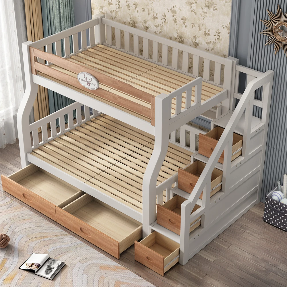 Meubles de chambre à coucher bon marché pour enfants, lit de dessin animé en bois massif, lit superposé pour enfants, rangement d'escalier, table d'étude avec glissière