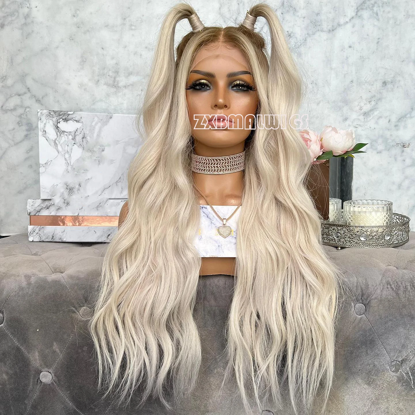 ZXBMALWIGS Synthetic 13X4 Long Wave Ombre Blonde Hair Lace Front Wigs for Women Glueless Cosplay Hair Heat Resistant Fiber