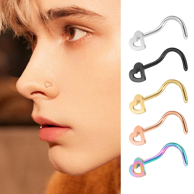 1PC Hollow Stainless Steel Heart Nose Studs Nose Hooks Bone Studs S Curved Nostril Body Piercing Multicolor Nose Rings Jewelry