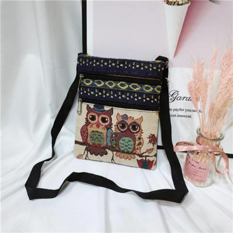 Cute Lady Shoulder Bag Owl Print Messenger Flap Bag Female Mini Canvas Ladies Double Zipper Ladies Messenger Bag 2024